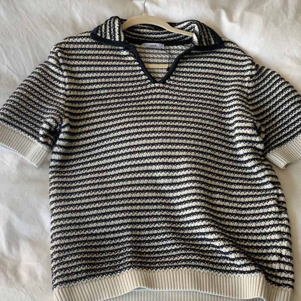 MANGO Striped Knit Short Sleeve Polo - Cream & Black - Picture 2 of 6
